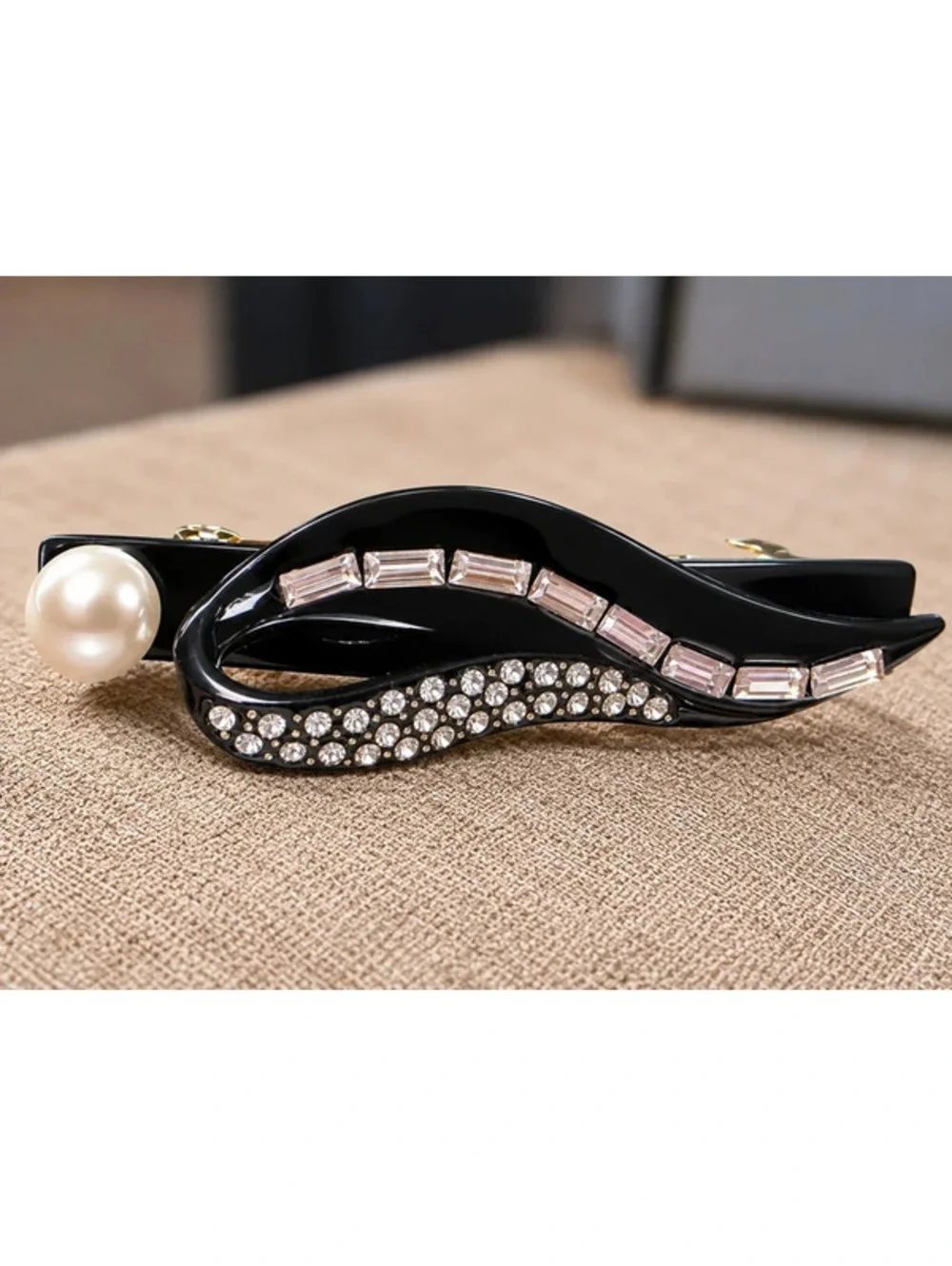 Elegant Black Hair Claw Clip with Rhinestones, Blush Baguette Crystals, and Faux